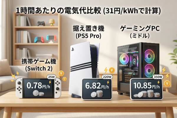 【2026年最新比較】PS5 Pro・Switch 2・ゲーミングPCの電気代はいくら？1時間のコストを徹底検証