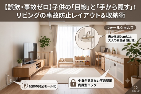 【誤飲・事故ゼロ】子供の目線と手から隠す！リビングの事故防止レイアウト＆収納術
