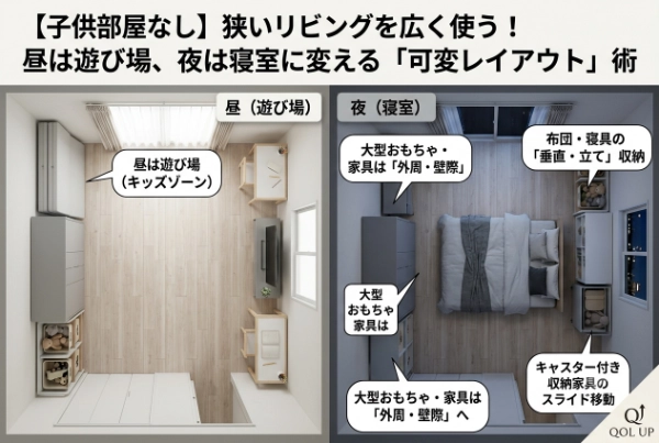 【子供部屋なし】狭いリビングを広く使う！昼は遊び場、夜は寝室に変える可変レイアウト術